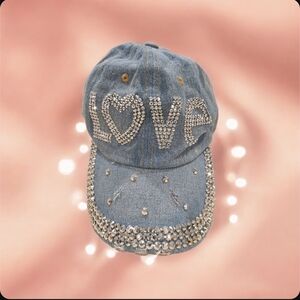 Distressed Denim Baseball Cap LOVE Rhinestone Embellished Womens Adjustable Hat